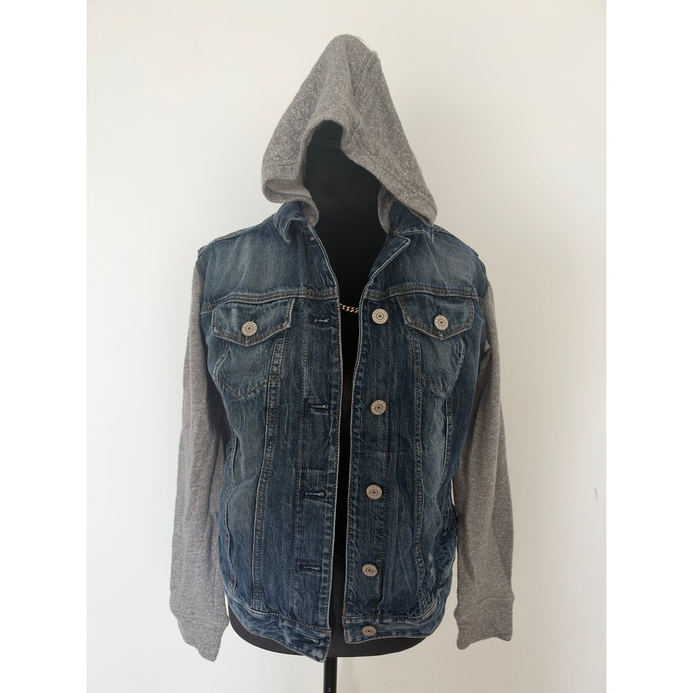Express Jeans Women Medium Denim Jacket Gray Knit Hooded Sleeves Mixed Media